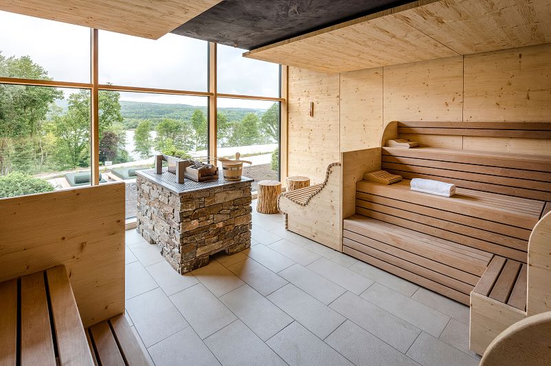 Panoramic sauna overlooking Lake Bostalsee